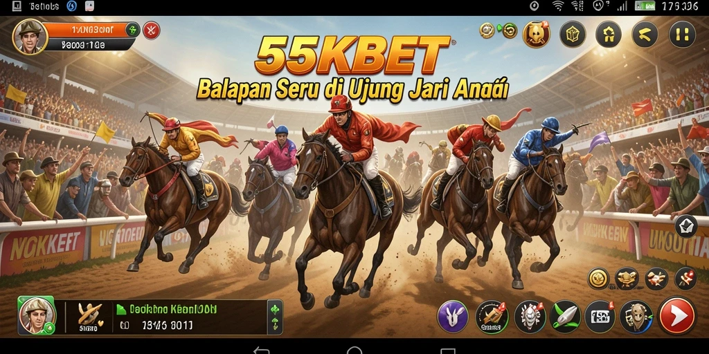 Screenshot gameplay 55KBET yang menunjukkan balapan mendebarkan di lintasan.