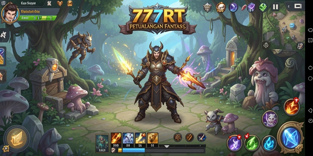 Tampilan gameplay RPG 777RT dengan karakter dan pertarungan epik.