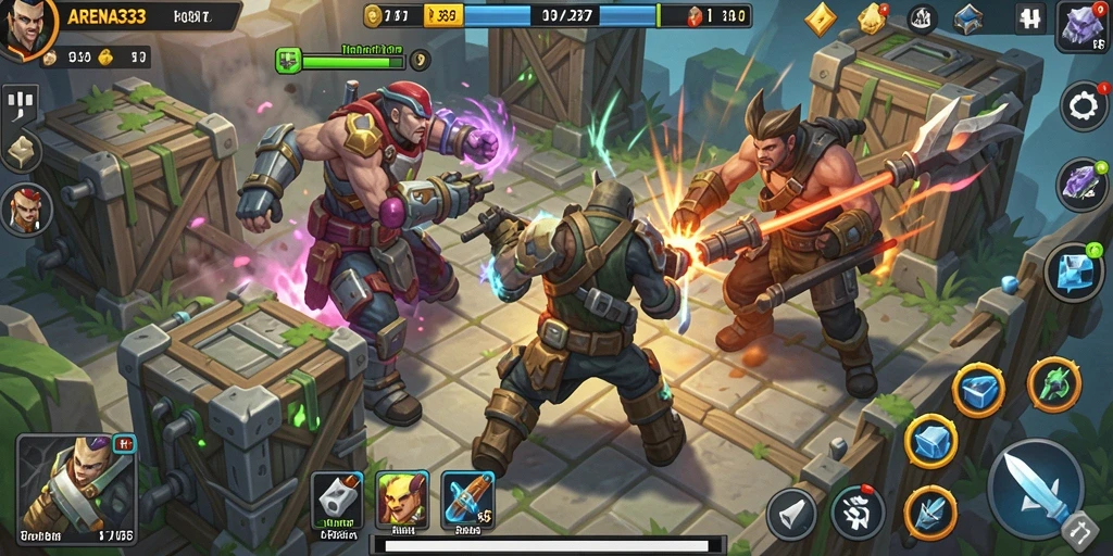 Tampilan menara dan musuh dalam gameplay Tower Defense.