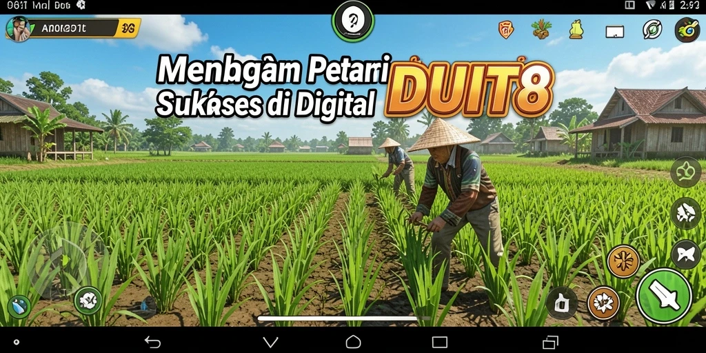 Tampilan gameplay DUIT8 dengan lahan pertanian yang subur dan berbagai tanaman.