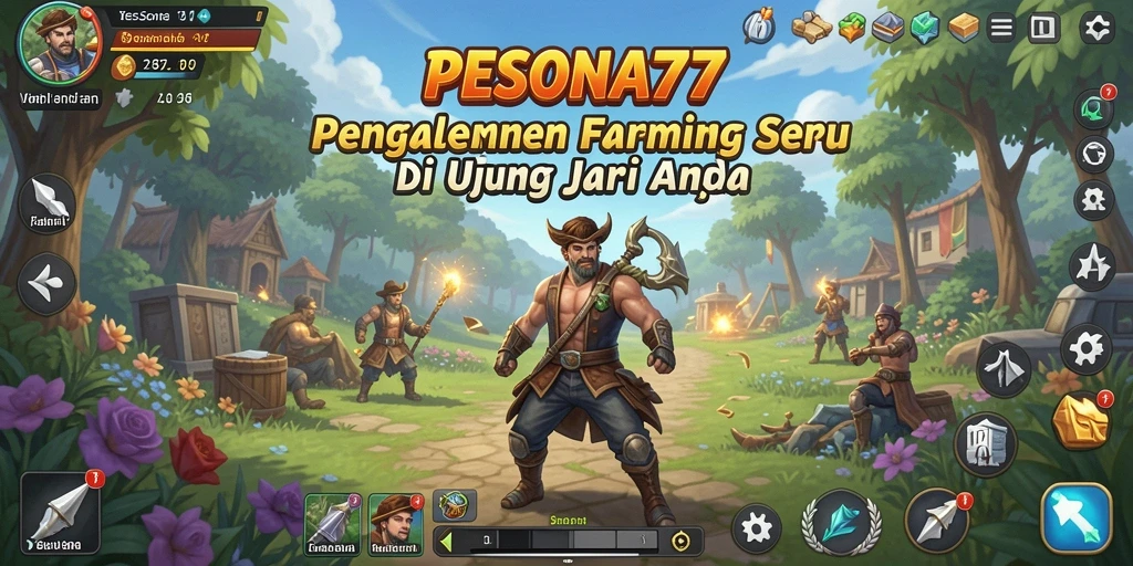 Tangkapan layar gameplay PESONA77 menunjukkan suasana pertanian yang hidup dan berwarna.